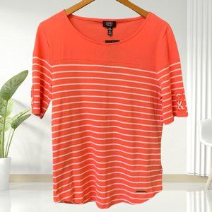 Jones New York Coral Orange Women Knit Tops Stripe Short Sleeve Size XL